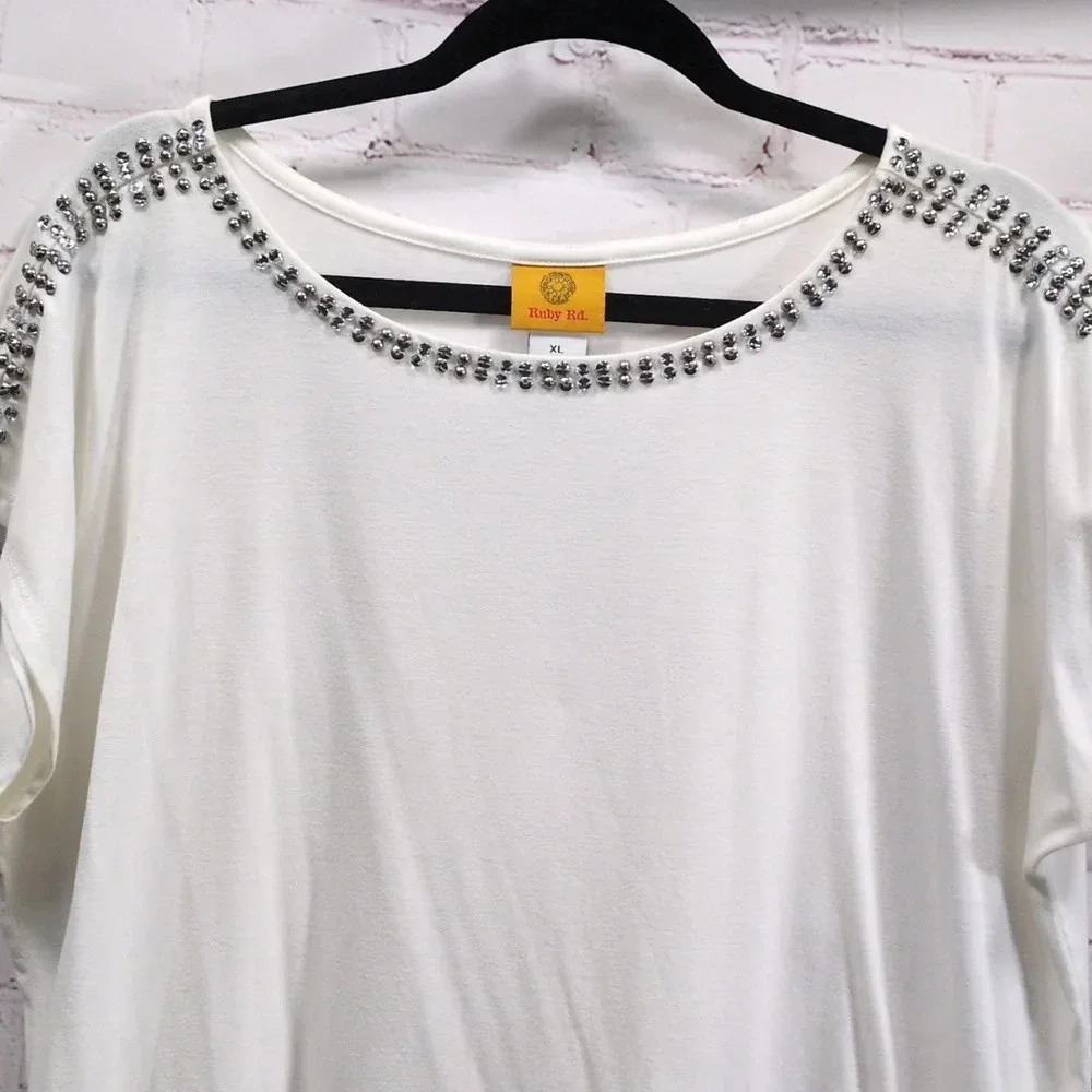 Ruby Rd Cream Studed Short Sleeve Shirt XL - Picture 3 of 9